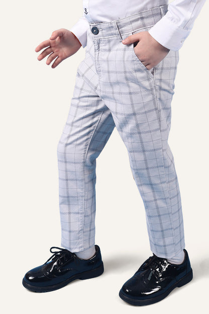 Boys 100% Cotton Grey Check Trouser With Side Pockets