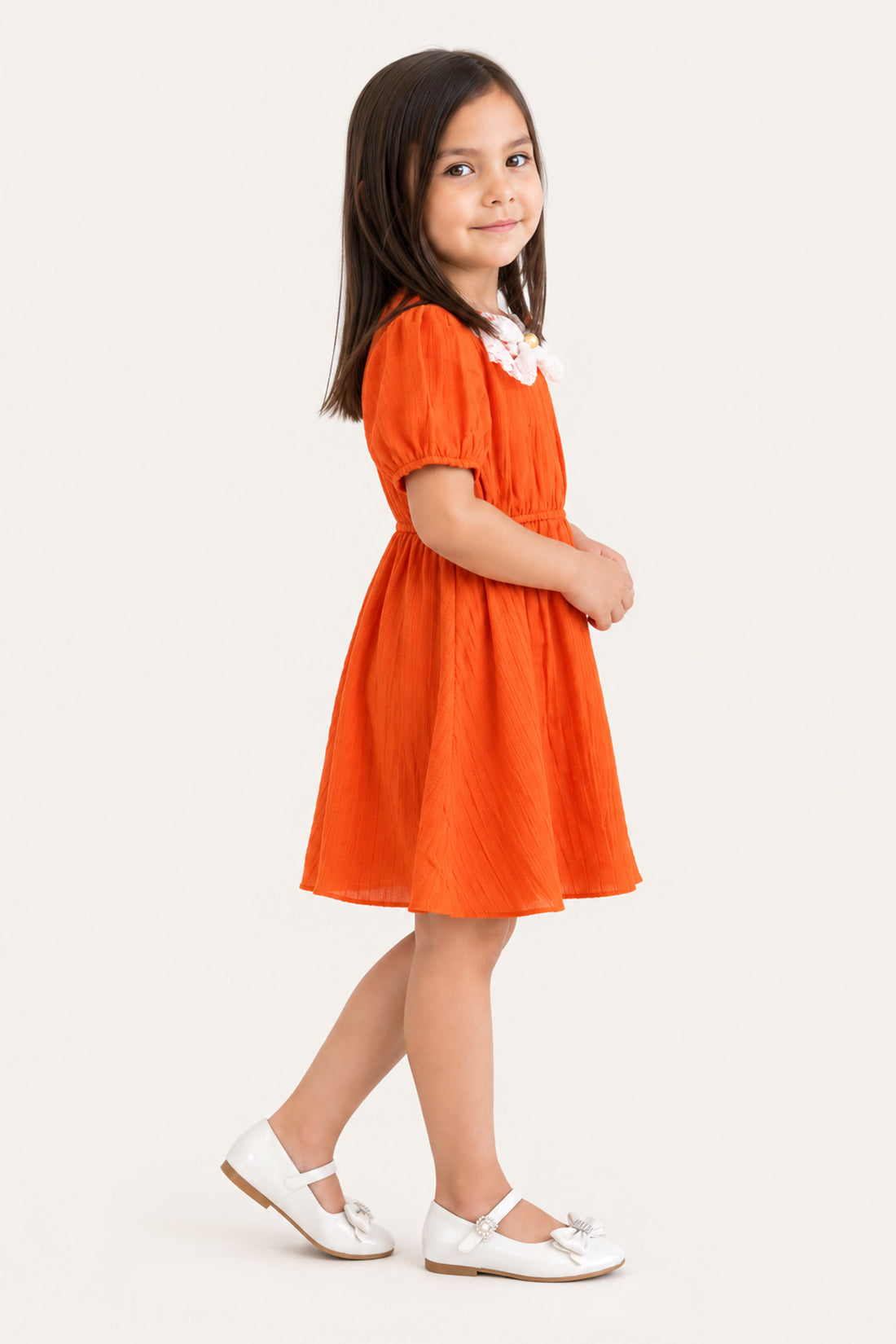 Orange Crushed Crepe Half Sleeve Dress