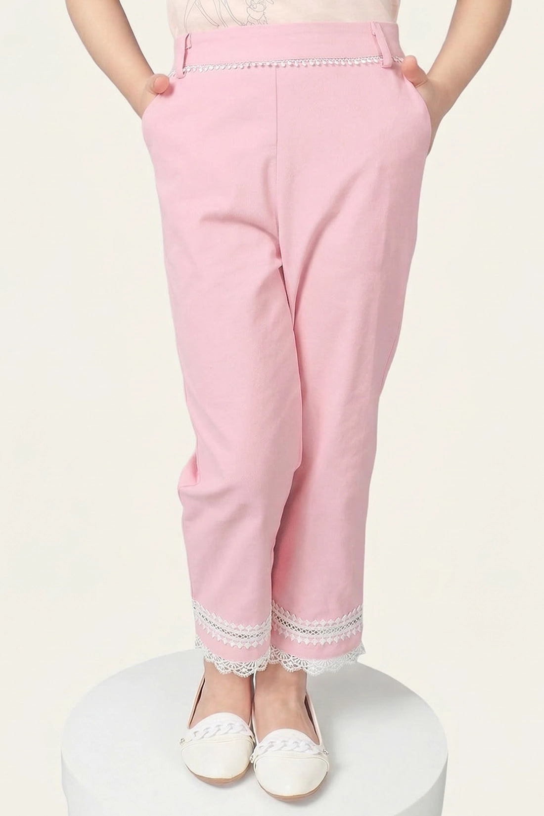 Girls Pink Cotton Laced Trouser