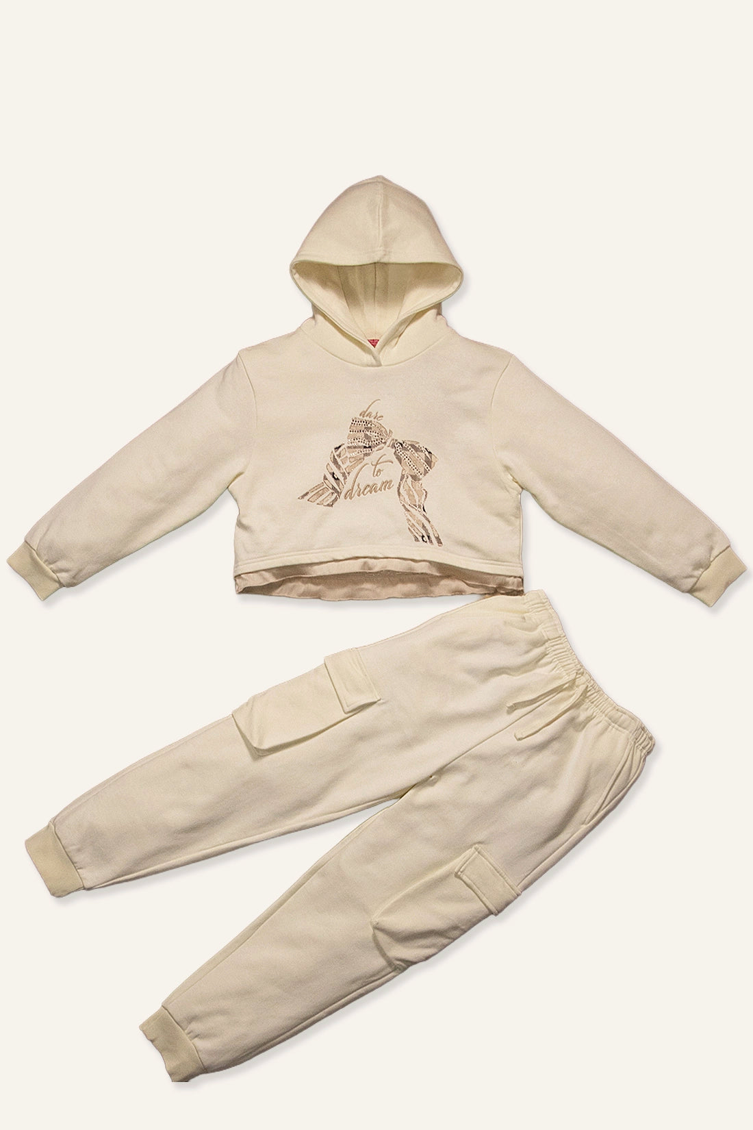 Girls Off White Solid  Sweatshirt With Trouser