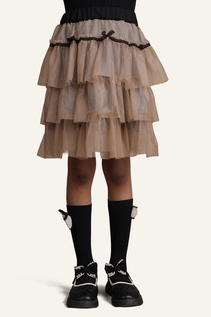 Girls Beige Layered Skirt – Flared Fit