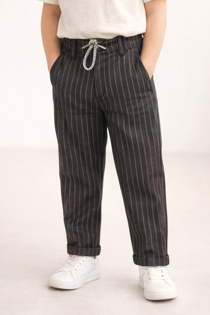 Boys Black Striped Polyester Trousers