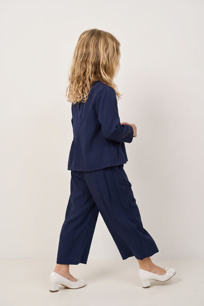 Girls Navy Blue Embellished Twill Top