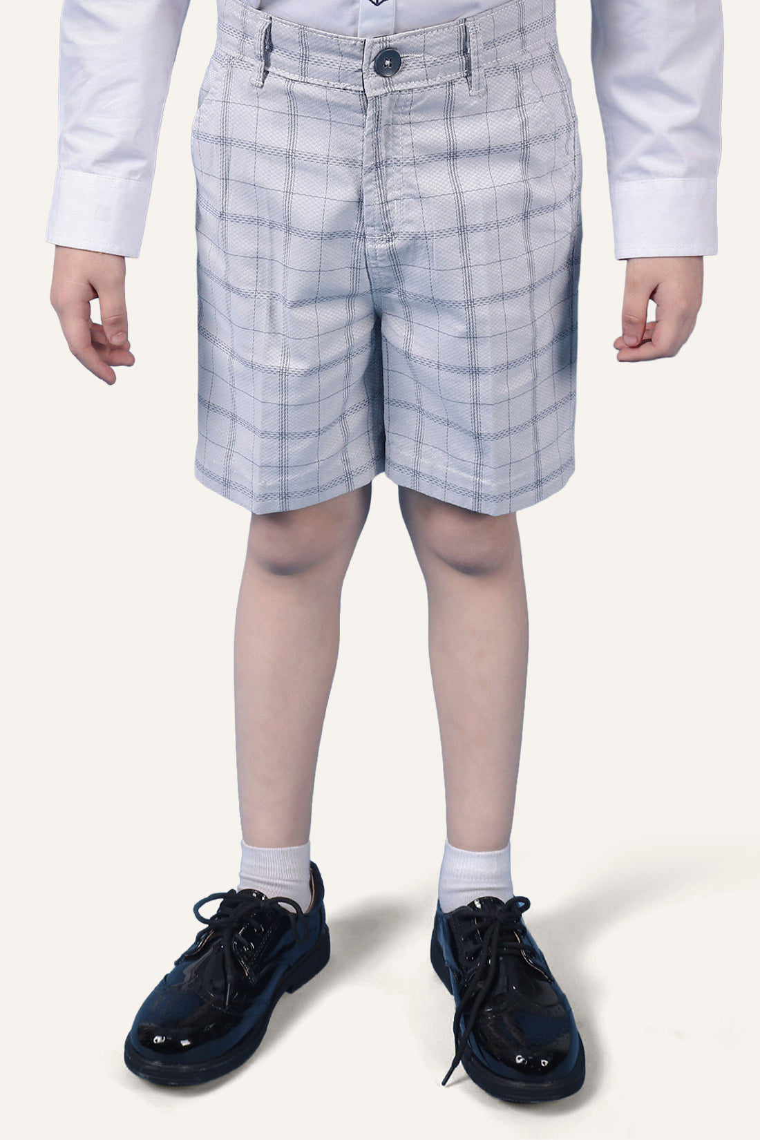 Boys 100% Cotton Grey Check Shorts With Side Pockets