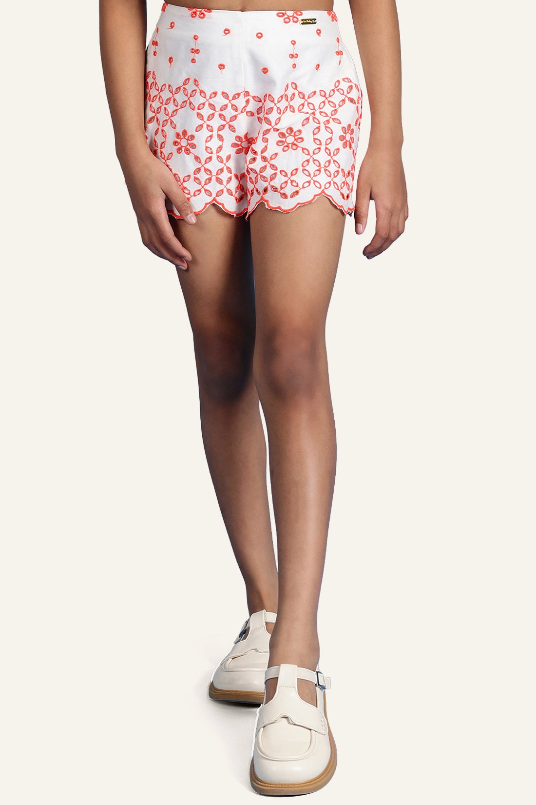 Girls White Cotton Cutwork Shorts