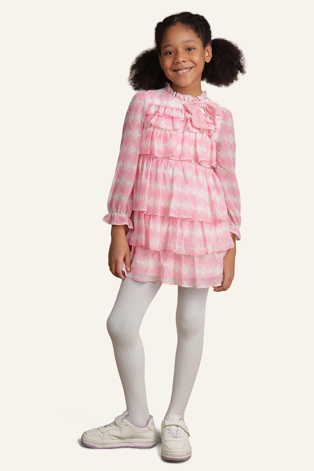 Girls Pink & White Checkered Frill Dress