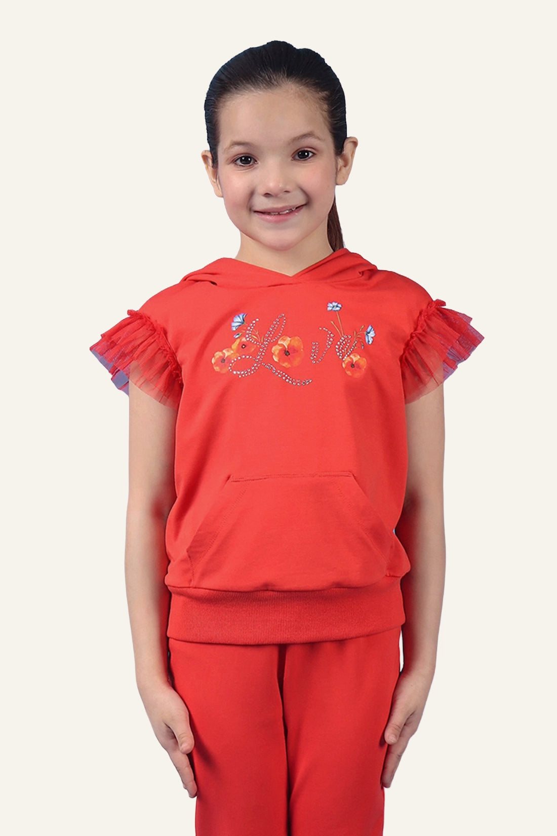 Girls Red Hooded Neckline Top