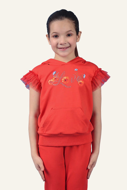 Girls Red Hooded Neckline Top