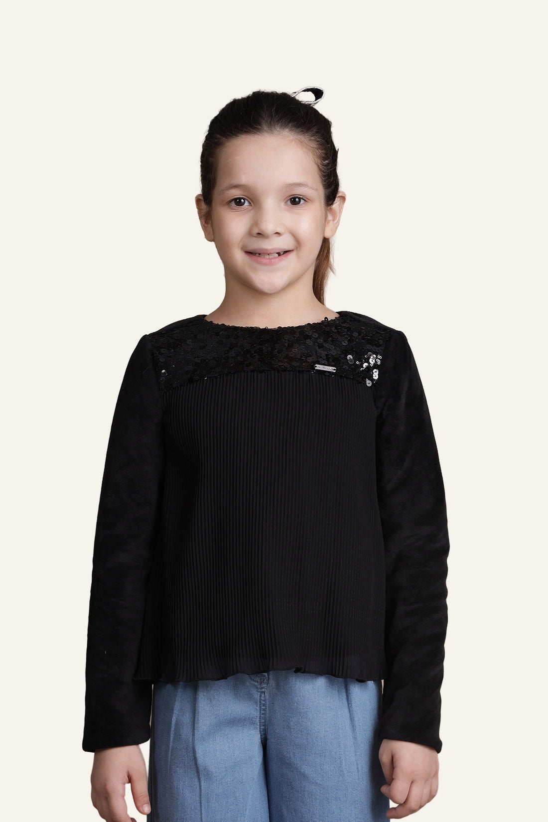 Girls Jet Black Pleated Top