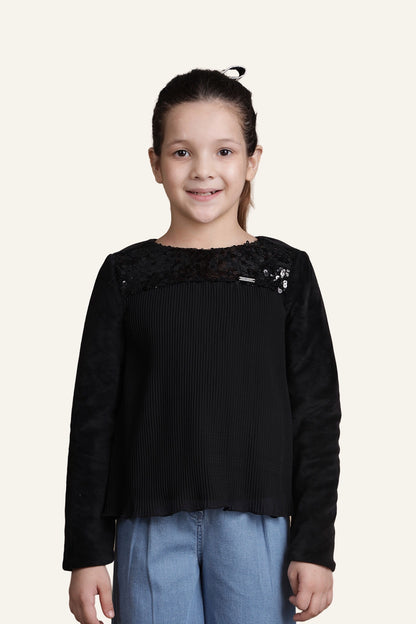 Girls Jet Black Pleated Top