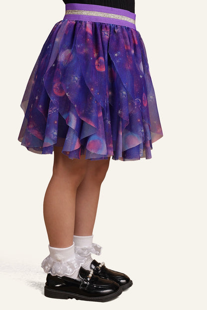 Girls Purple Cosmic Print Multilayered Skirt