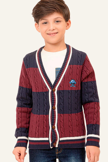 Boys  Blue & Burgundy Stripes Cardigan