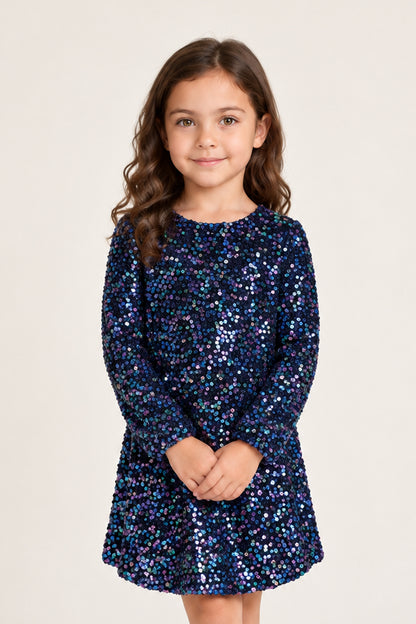 Girls Multi Sequin Velour Full Sleeve Dress