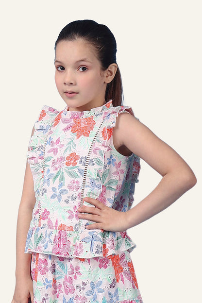 Girls Beige Printed Lace Detailed Top With Frills and Neck Band