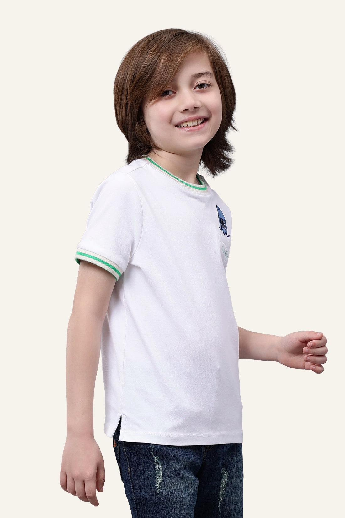 Boys 100% Cotton White Round Neck Embroidered T-shirt