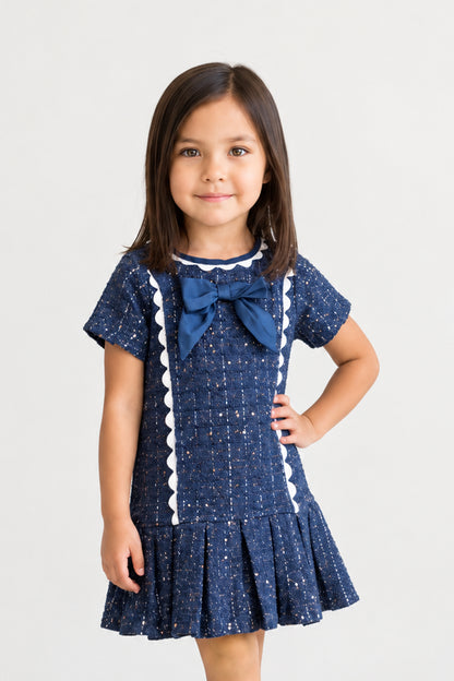 Baby Girls Navy Blue Boucle Half Sleeve Dress