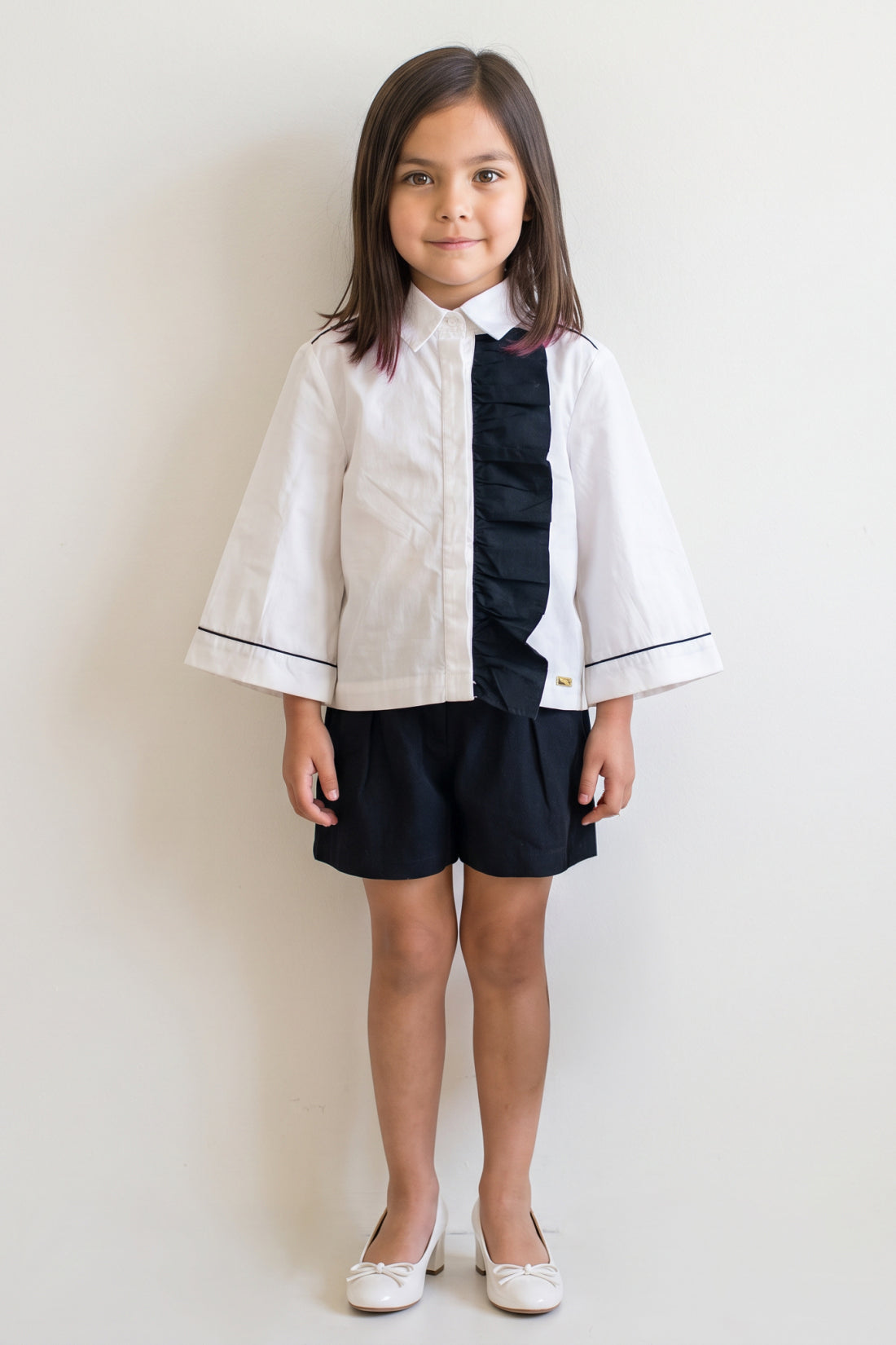 Girls White Cotton Satin Button-Down Top