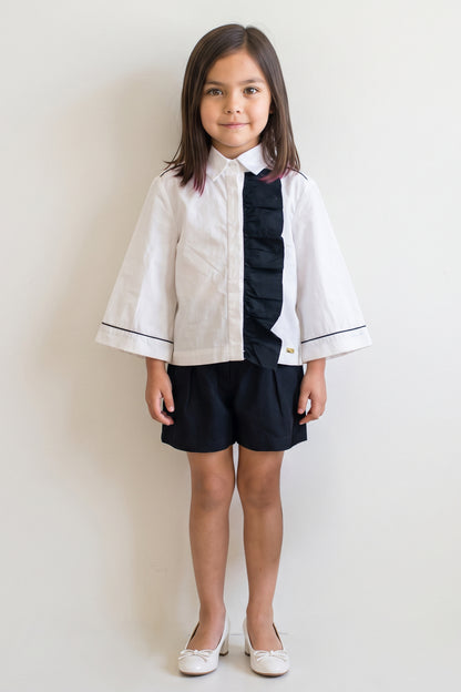 Girls White Cotton Satin Button-Down Top