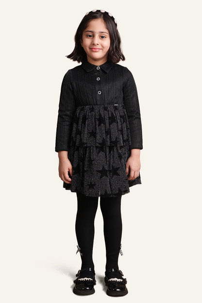Girls Star Printed Black Dress