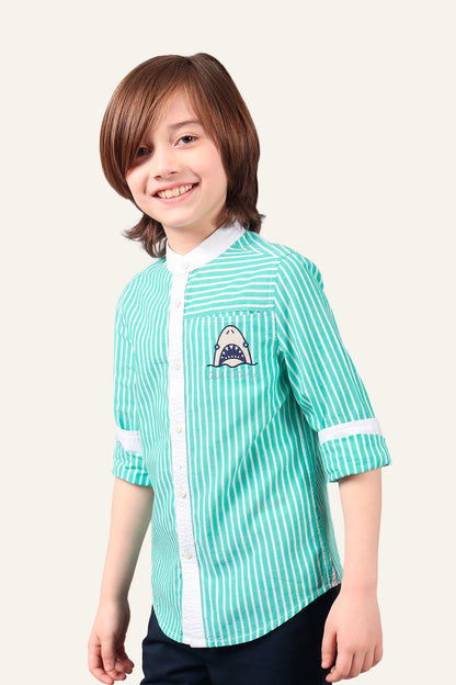 Boys 100% Cotton Band collar Full Sleeves Embroidered Shirt