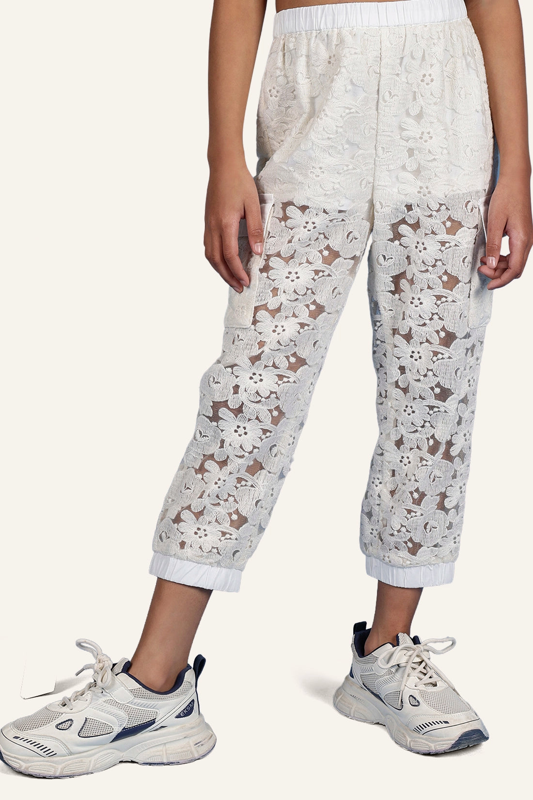 Girls Off White Cotton Laced Jogger