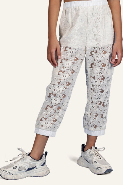 Girls Off White Cotton Laced Jogger