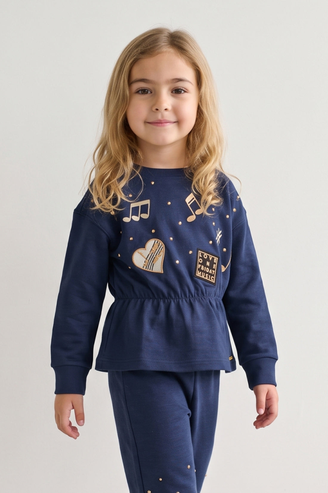 Girls Navy Blue Embellished Interlock Track Pants