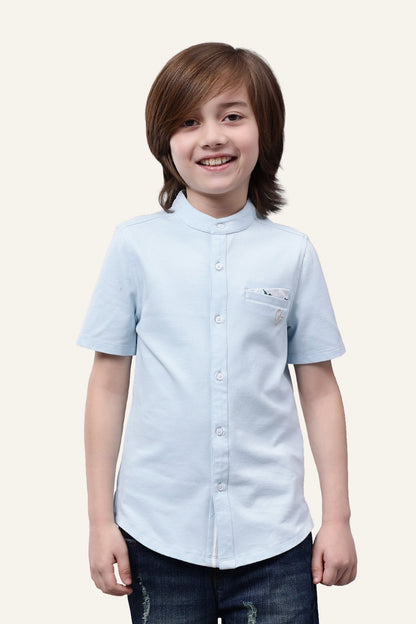 Boys Blue Chinese Collar Cotton Shirt