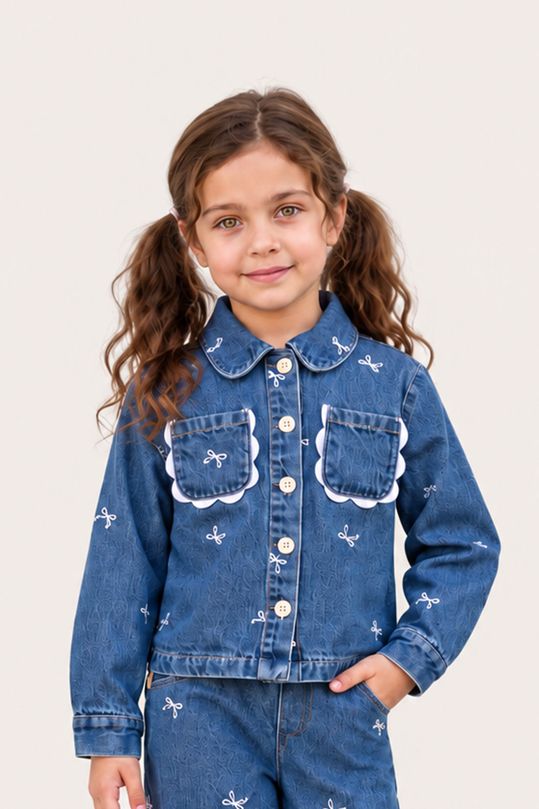 Girls Blue Embroidered Denim Relaxed Fit Overshirt