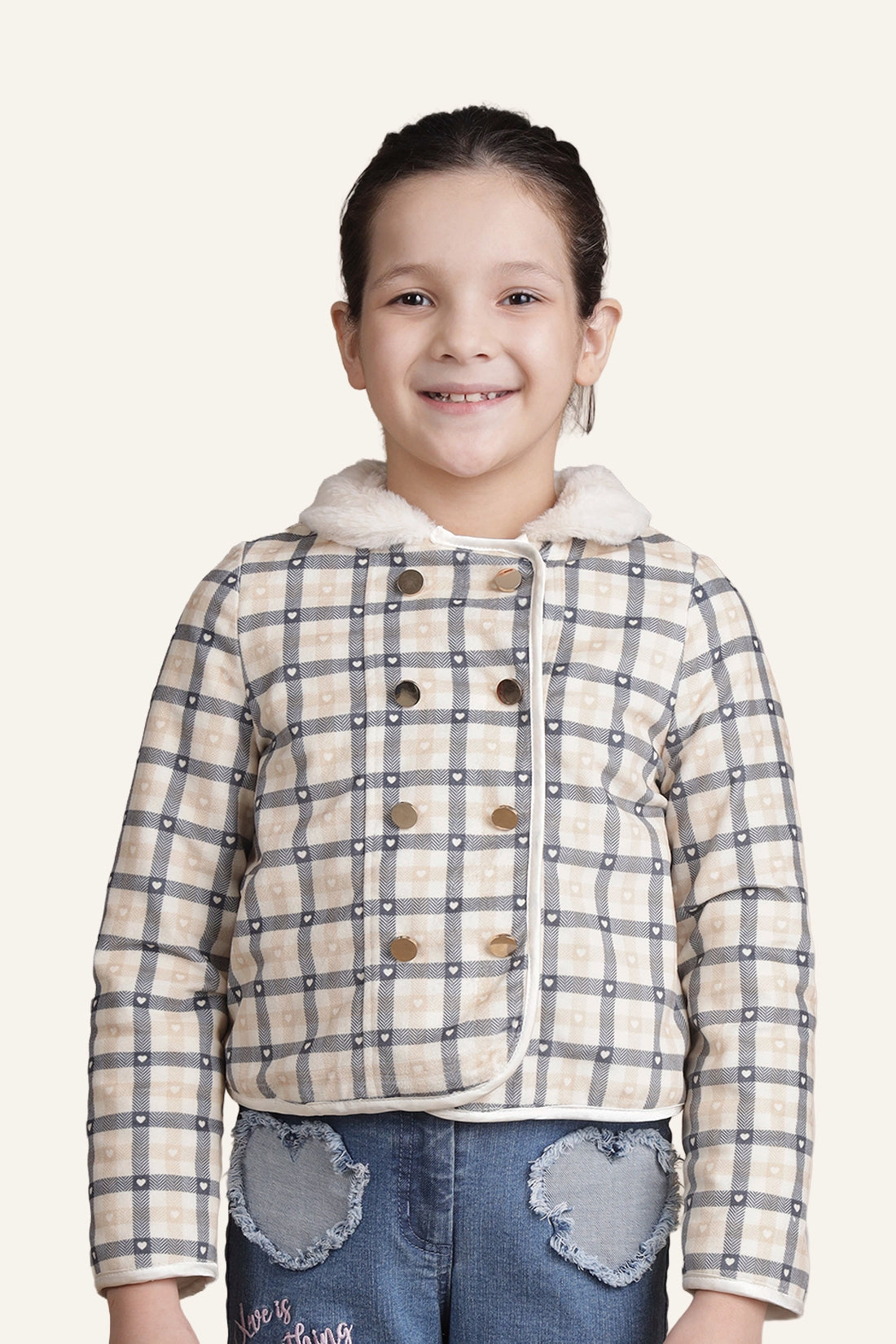 Girls Beige Checks Jacket