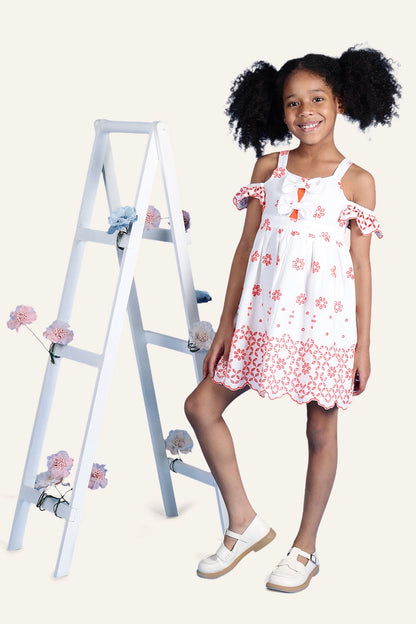 Girls White Cutwork Cold-shoulder Dress
