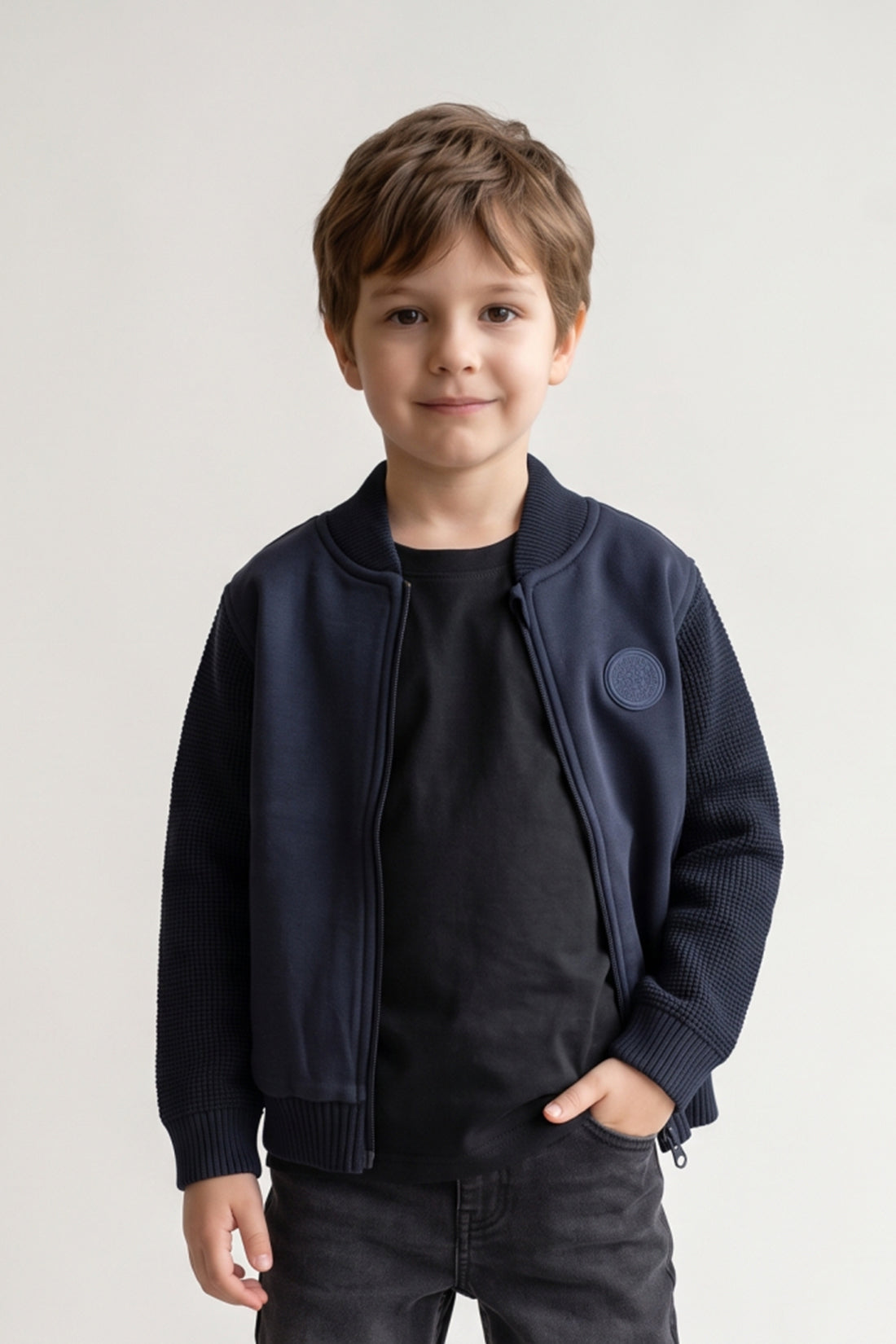 Boys Navy Blue Solid Woven Button Jacket