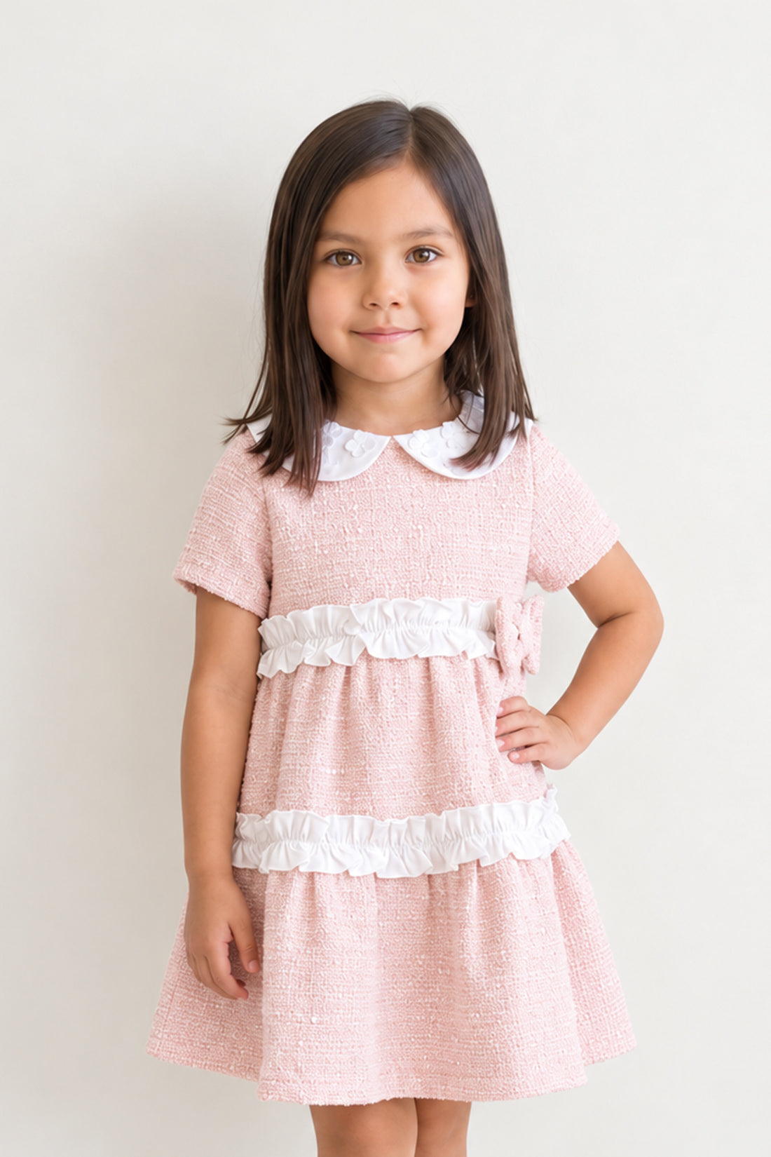 Baby Girls Pink Boucle Round Neck Full Sleeve Dress
