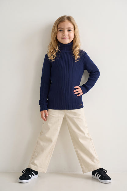 Unisex Navy Blue High Neck Flat Knit Jumper
