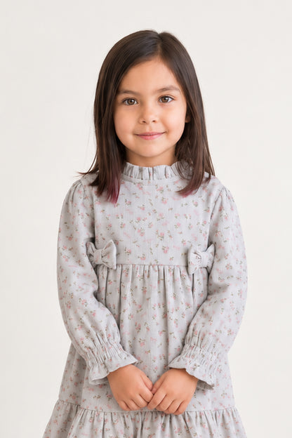 Baby Girls Blue Printed Corduroy Full Sleeve Dress
