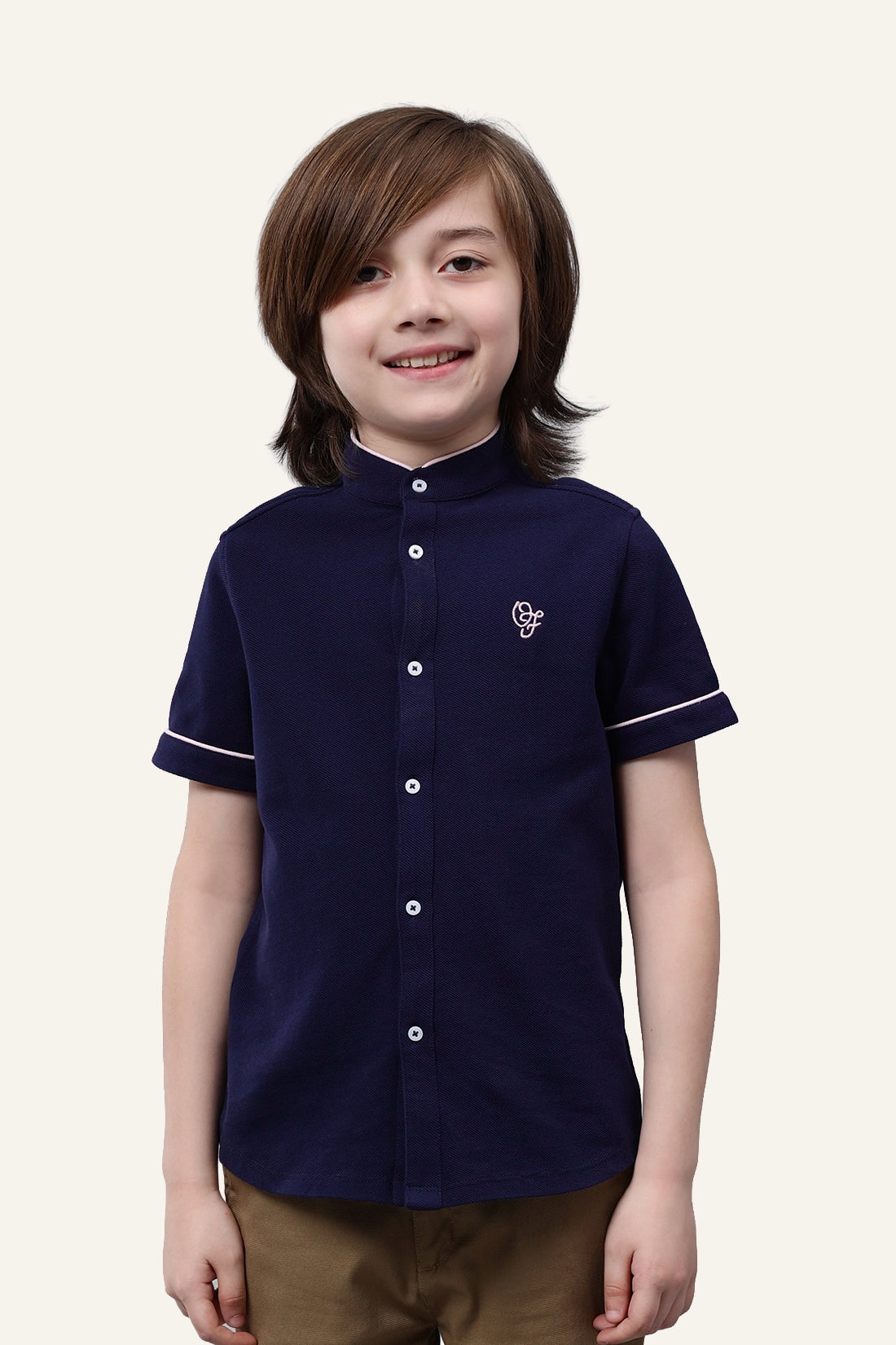Boys Navy Blue Mandarin Collar Casual Shirt
