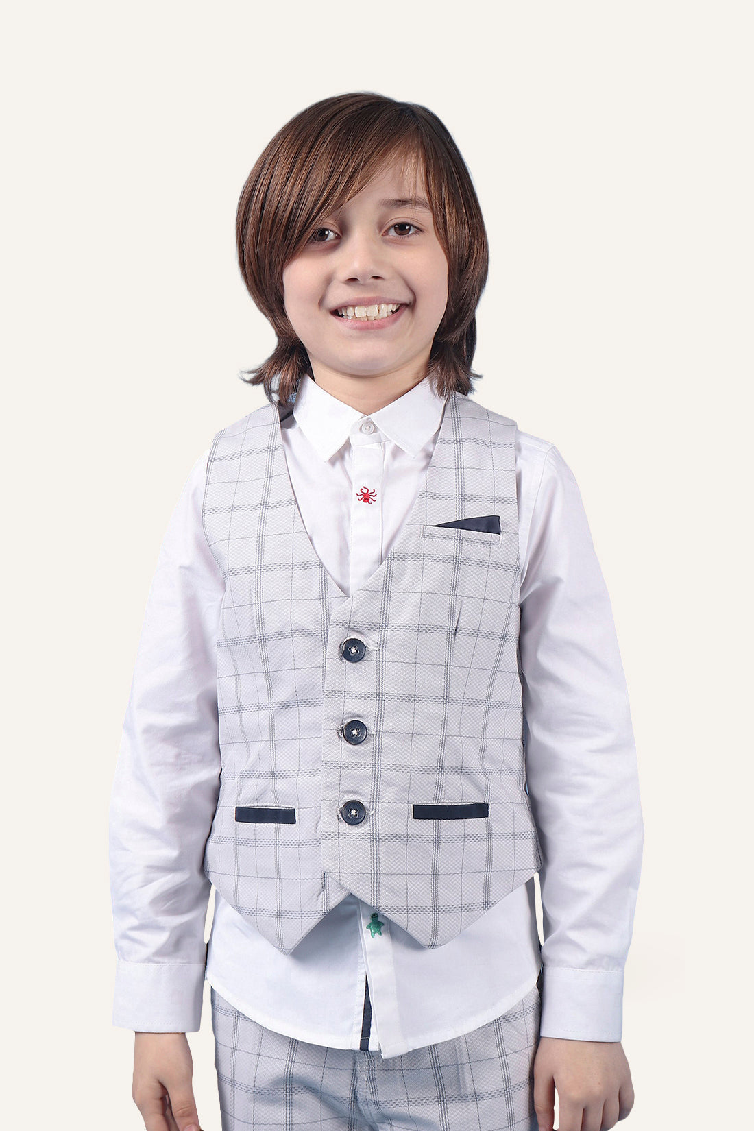 Boys 100% Cotton Grey Check Waistcoat With Front Pockets