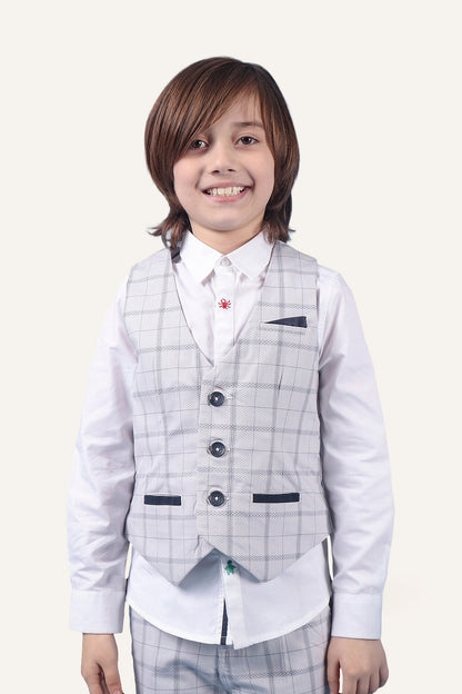 Boys 100% Cotton Grey Check Waistcoat With Front Pockets