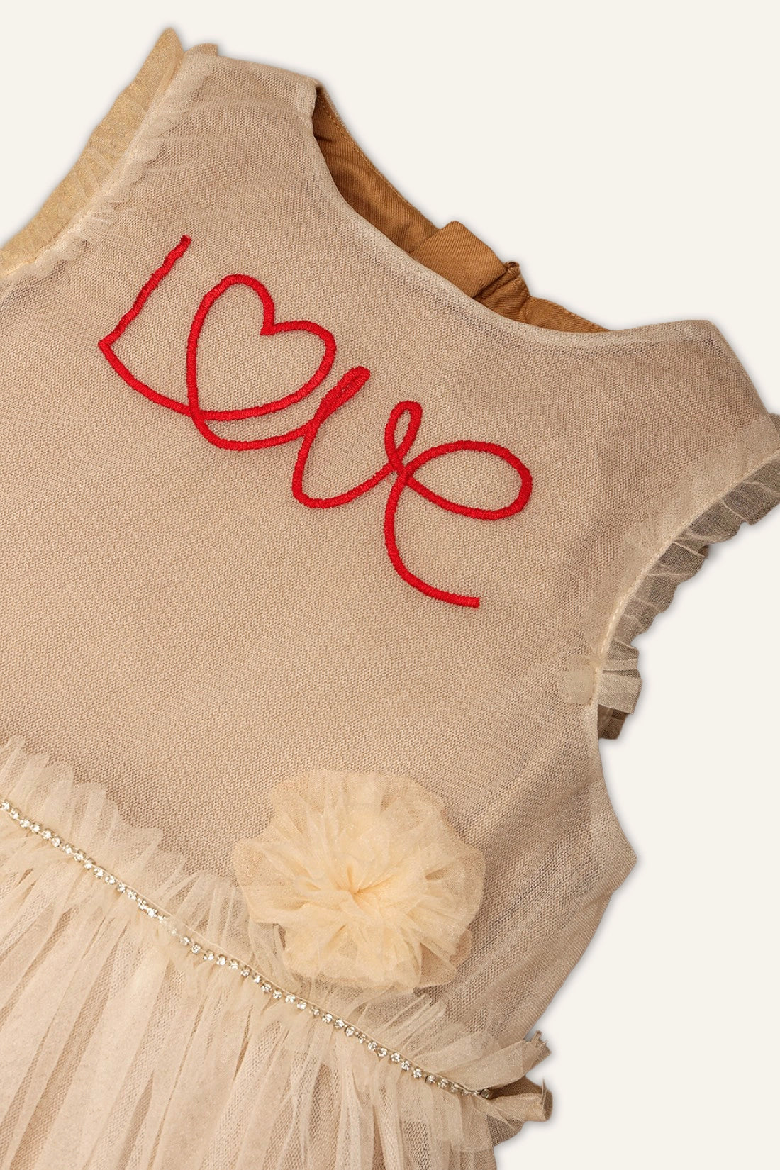 Girls Beige Netted Love Embroidered Dress