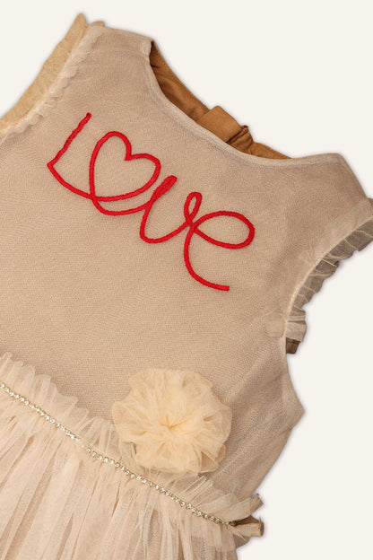 Girls Beige Netted Love Embroidered Dress