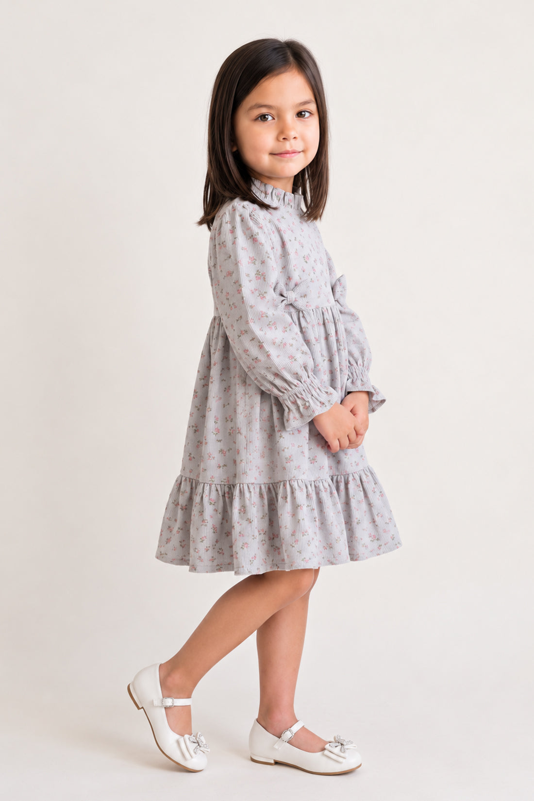 Baby Girls Blue Printed Corduroy Full Sleeve Dress