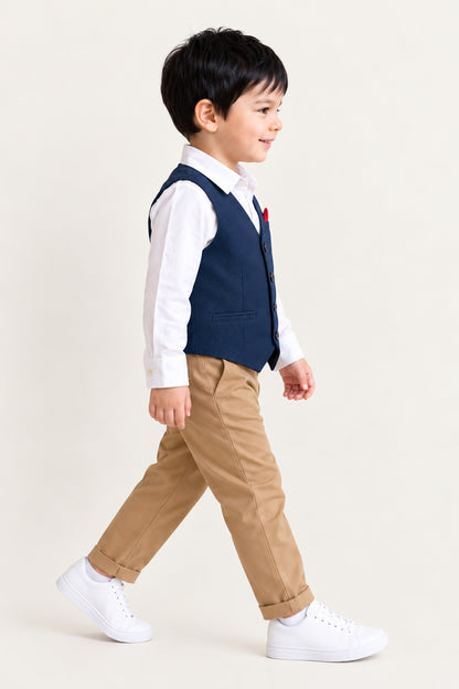 Baby Boys Navy Blue Multicolour Cotton Dobby Set