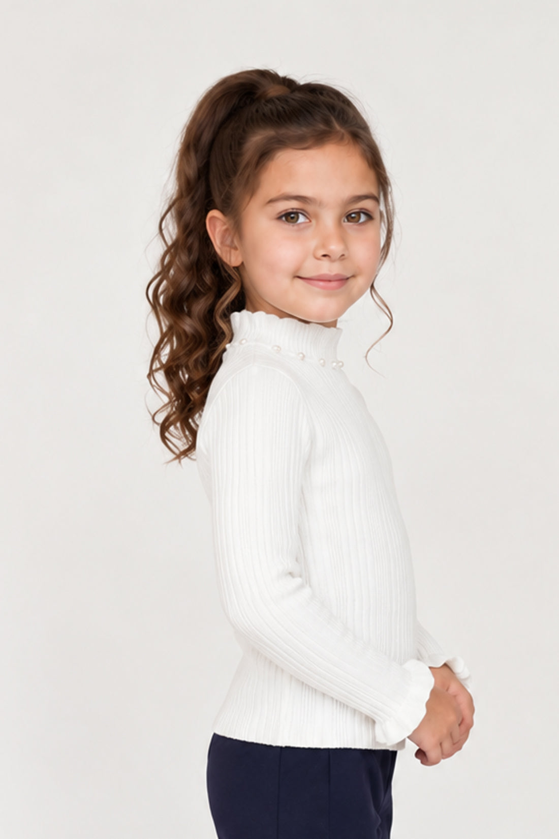 Girls Off White Acrylic High Neck Jumper