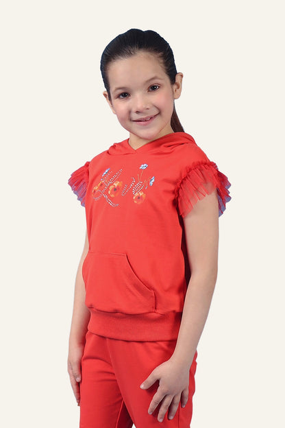 Girls Red Hooded Neckline Top