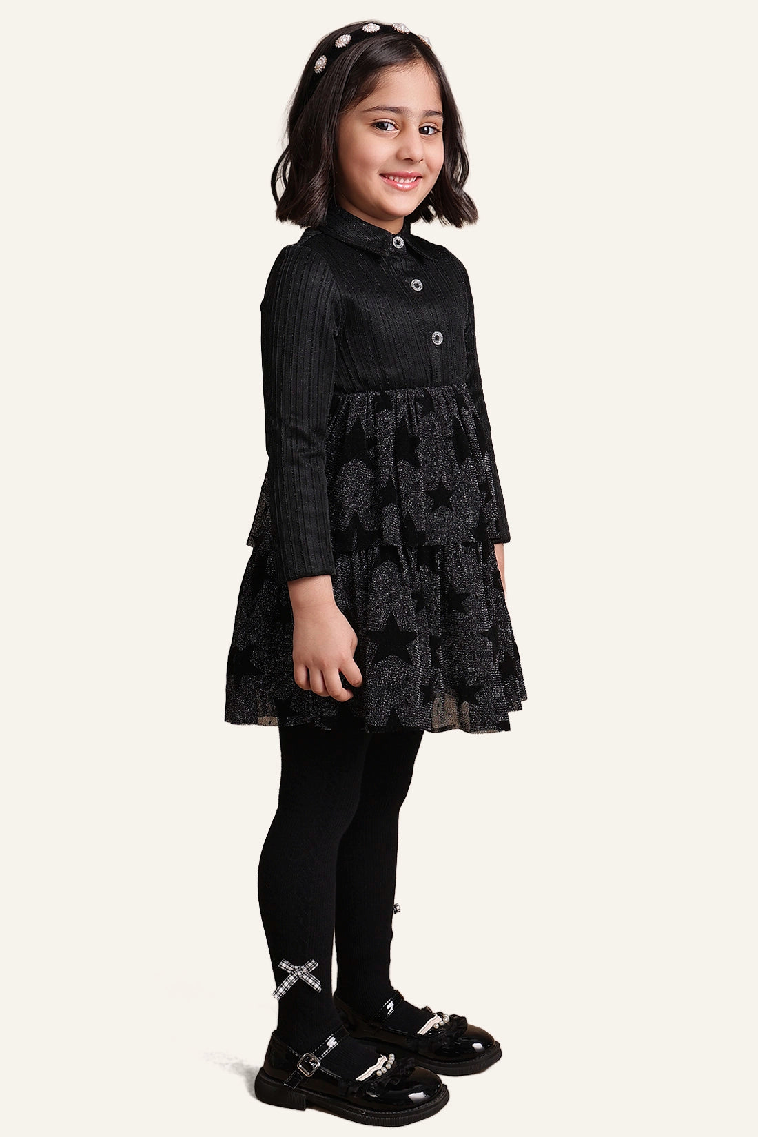 Girls Star Printed Black Dress