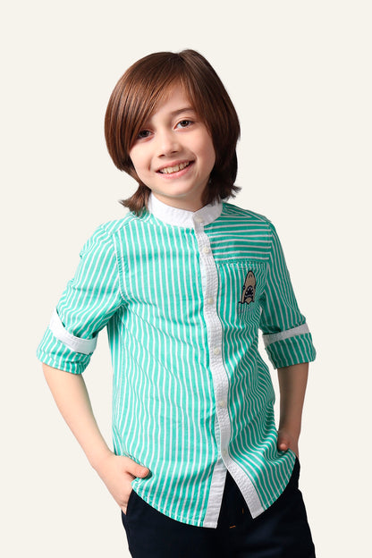 Boys 100% Cotton Band collar Full Sleeves Embroidered Shirt