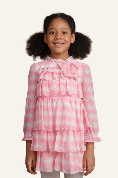 Girls Pink & White Checkered Frill Dress
