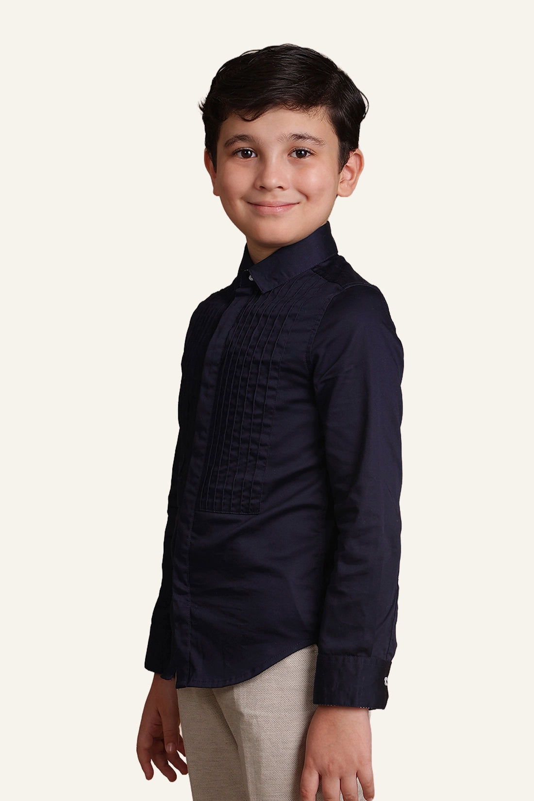 Boys Navy Blue Pintuck Slim Fit Shirt