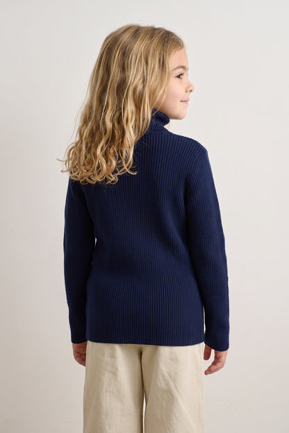 Unisex Navy Blue High Neck Flat Knit Jumper