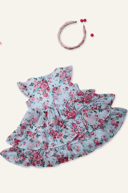 Girls Pink Rose Printed Blue Dress